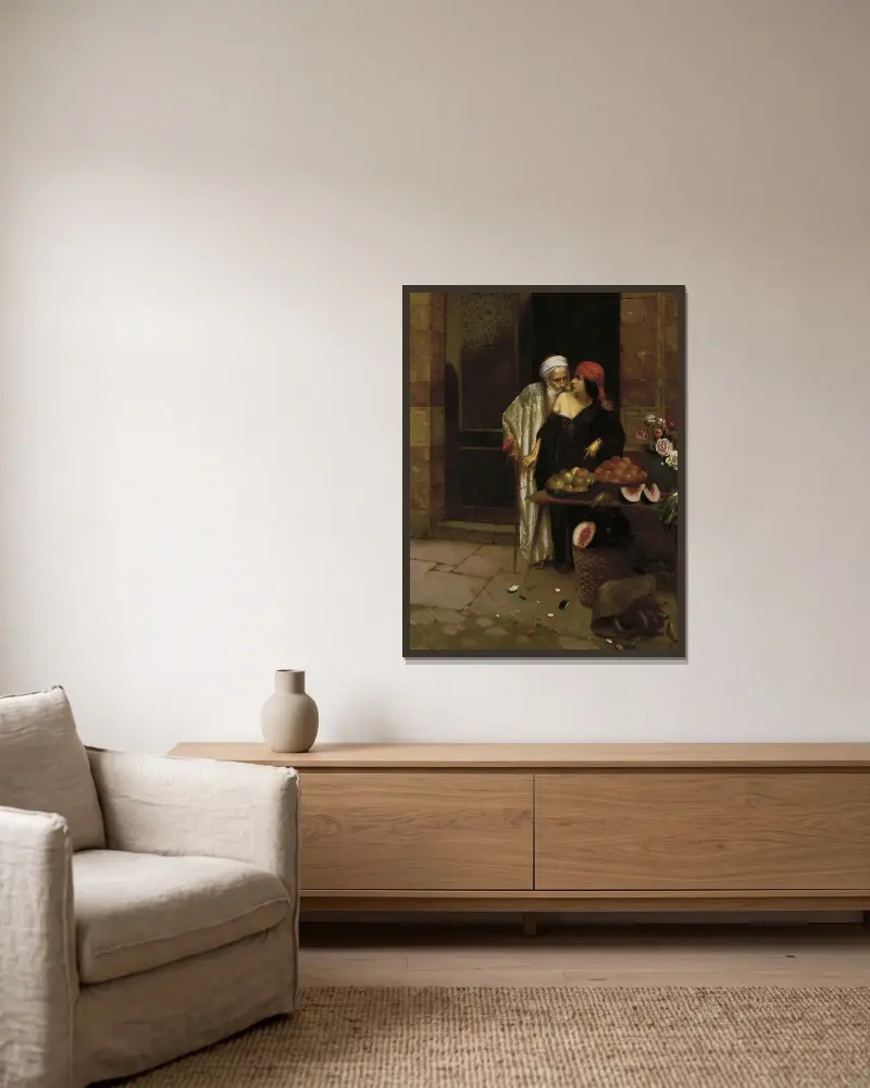 Der Orangenverkäufer von Rudolf Ernst gerahmt an einer Wand