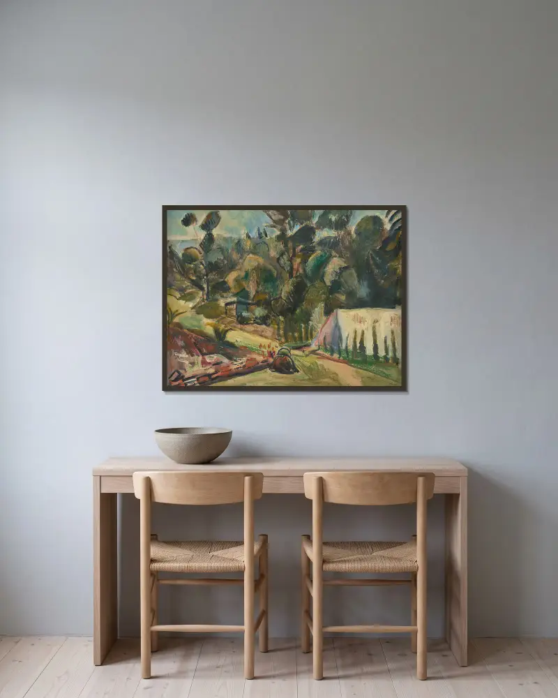 Landschaft mit Zelt von Rudolf Grossmann gerahmt an einer Wand