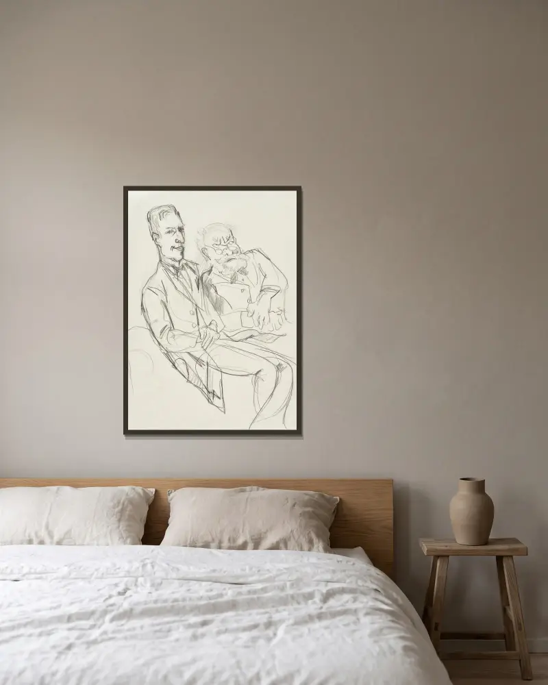 Zwei sitzende Männer (rechts Edmund Husserl) von Rudolf Grossmann gerahmt an einer Wand