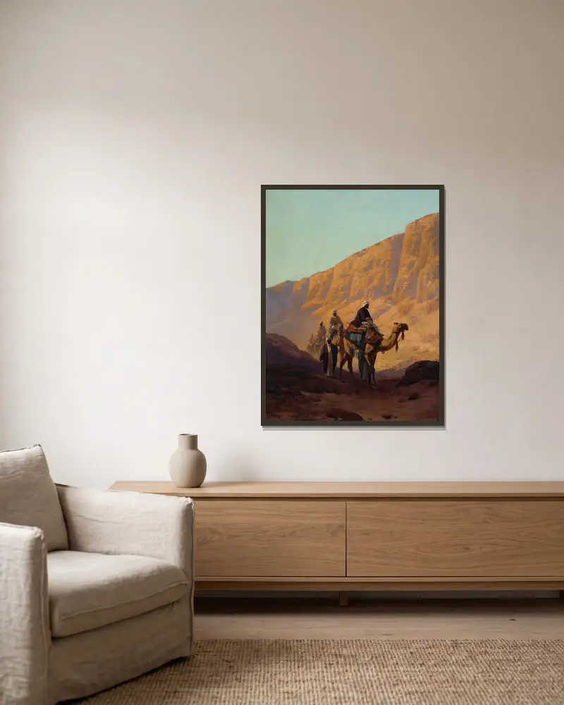 Karawane durch ein Wadi von Rudolf Hellgrewe gerahmt an einer Wand