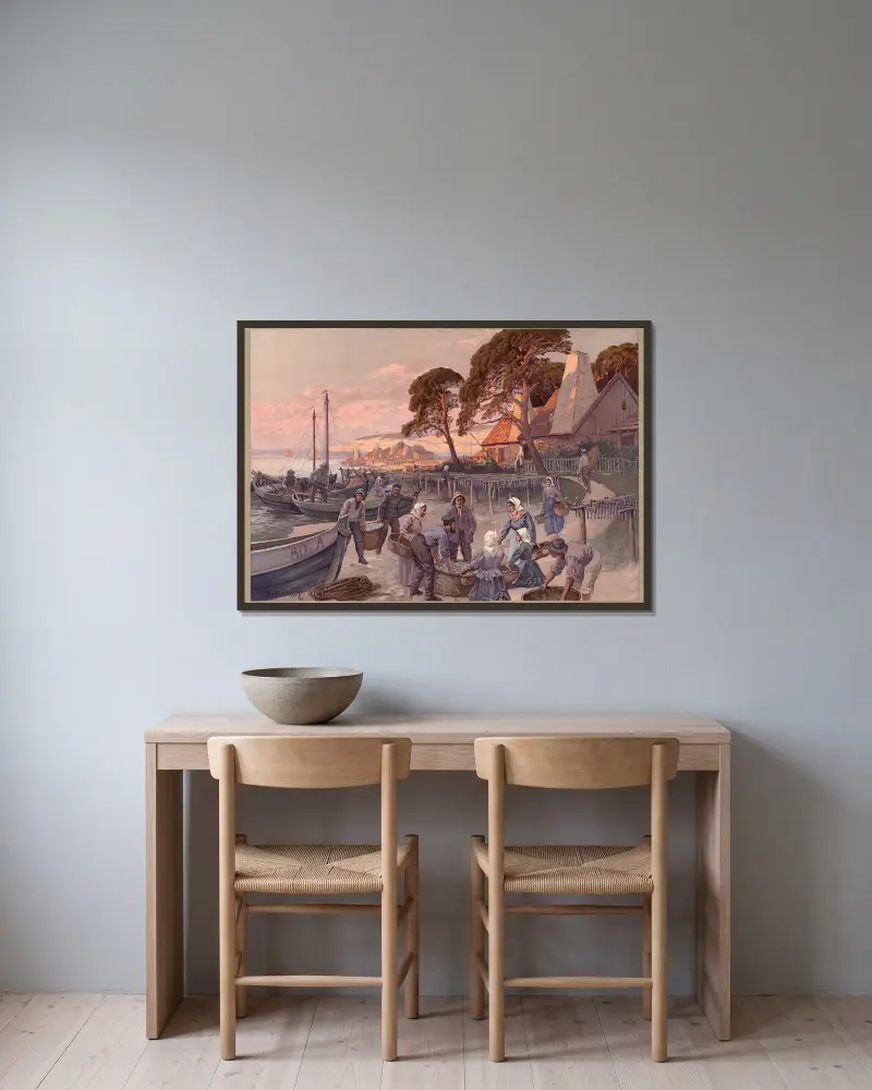 Deutsches Land – Fischerlager an der Ostsee von Rudolf Hellgrewe gerahmt an einer Wand