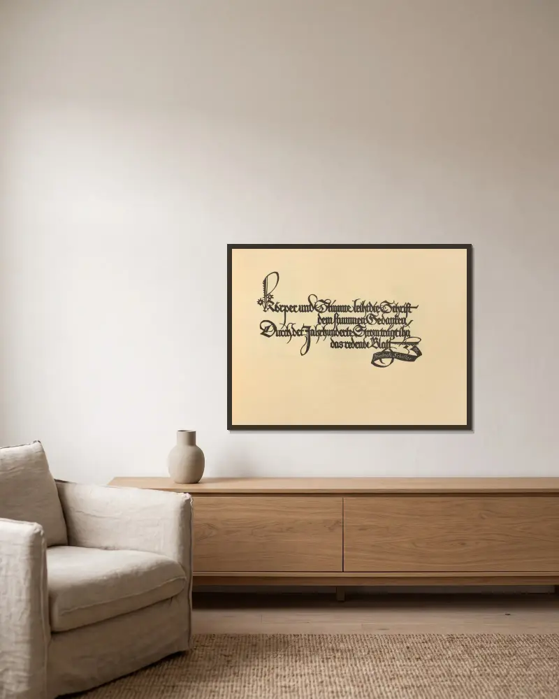 Die Schriftgiesserei im Schattenbild Pl.02 av Rudolf Koch inramad på en vägg