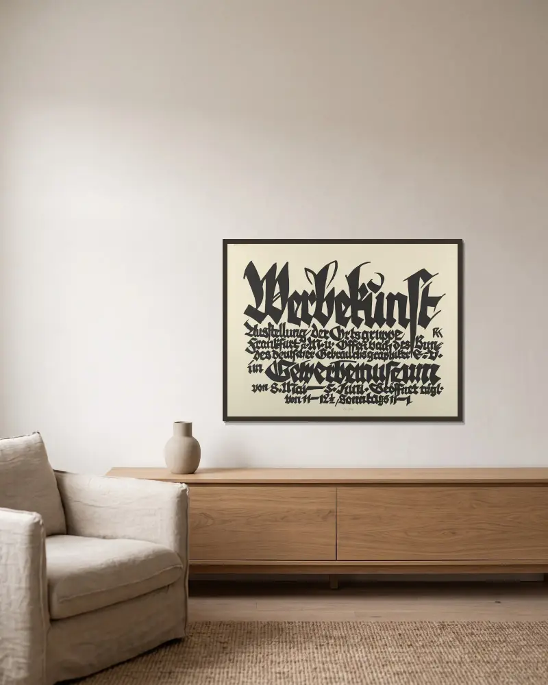Werbekunst. Ausstellung der Ortsgruppe Frankfurt a.M. und Offenbach des Bundes deutscher Gebrauchsgraphiker e.V. im Gewerbemuseum von 8. Mai – 5. Juni av Rudolf Koch inramad på en vägg