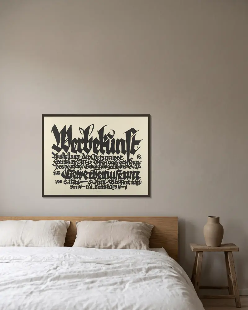 Werbekunst. Ausstellung der Ortsgruppe Frankfurt a.M. und Offenbach des Bundes deutscher Gebrauchsgraphiker e.V. im Gewerbemuseum von 8. Mai – 5. Juni av Rudolf Koch inramad på en vägg