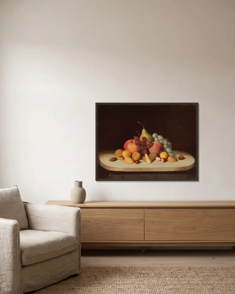 Still Life with Fruit and Nuts av Robert S. Duncanson inramad på en vägg