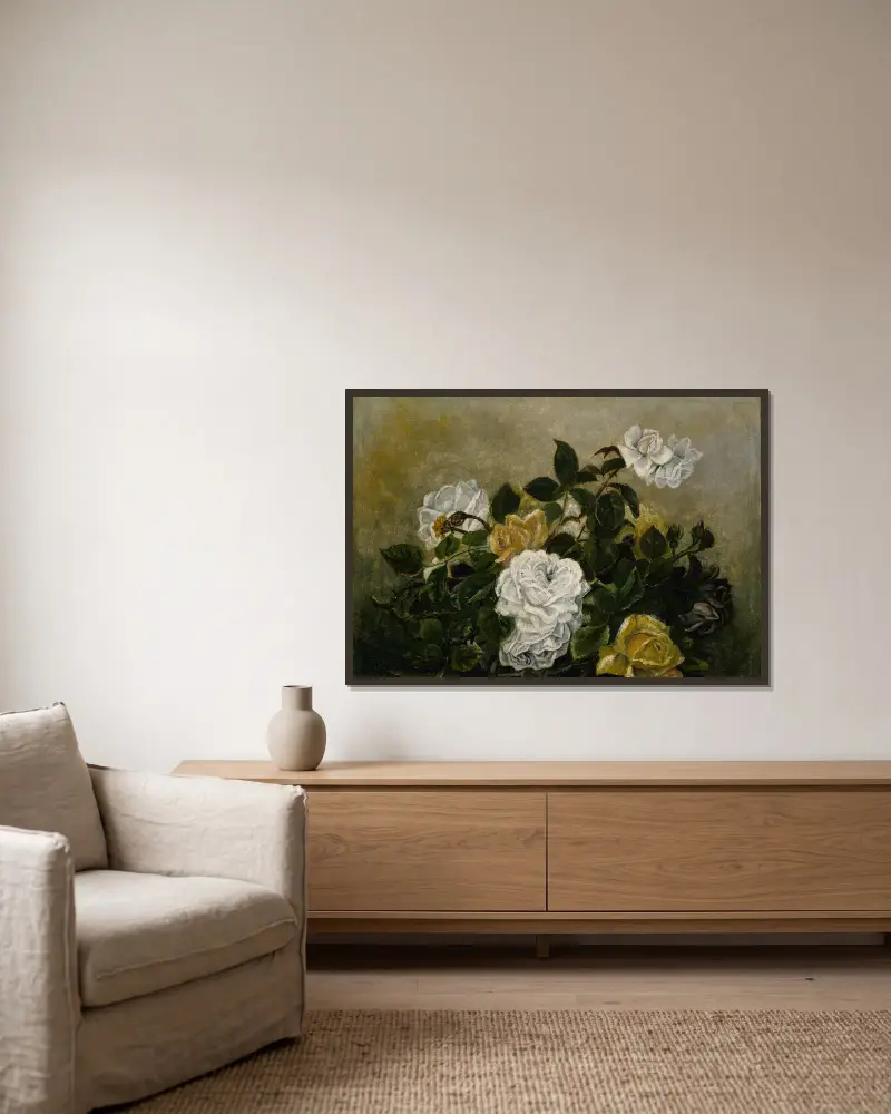 Still Life with Roses av Robert S. Duncanson inramad på en vägg