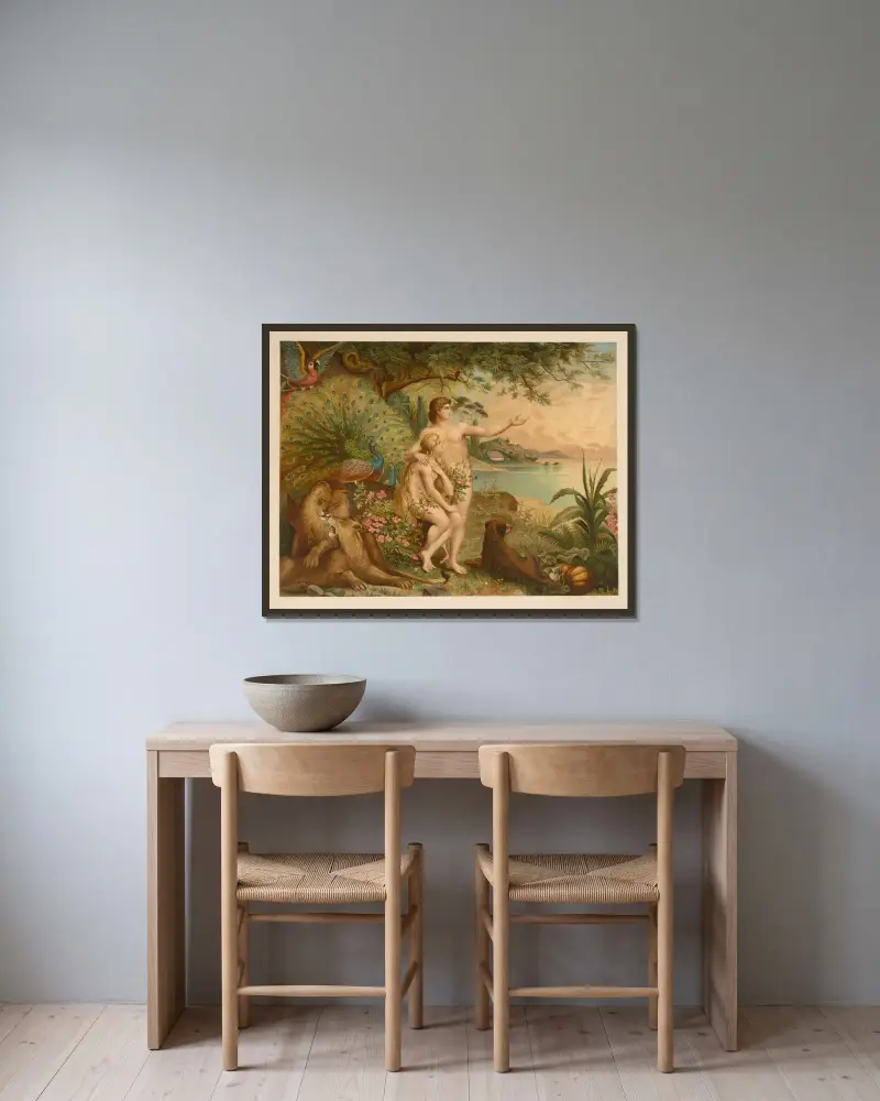 Adam och Eva i paradiset av Jan Ladislaw Sýkora inramad på en vägg