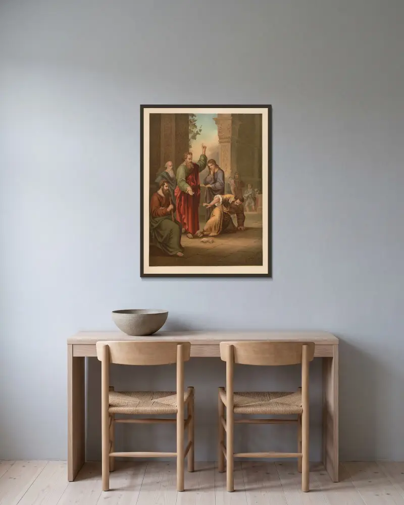 Ananias and Sapphira av Jan Ladislaw Sýkora inramad på en vägg