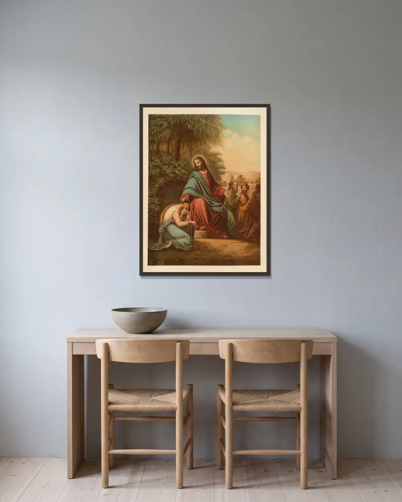Kristus och äktenskapsbryterskan av Jan Ladislaw Sýkora inramad på en vägg