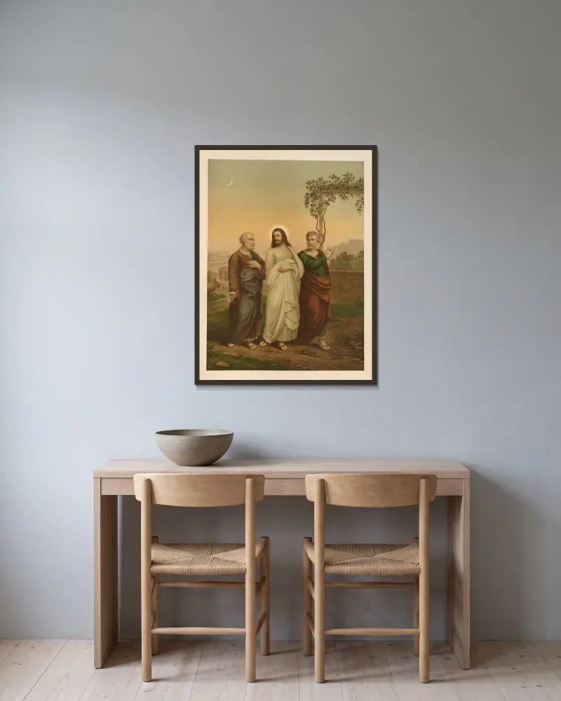 Kristus på väg till Emmaus med sina lärjungar av Jan Ladislaw Sýkora inramad på en vägg