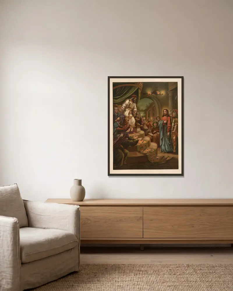 Falsches Zeugnis gegen Christus von Jan Ladislaw Sýkora gerahmt an einer Wand
