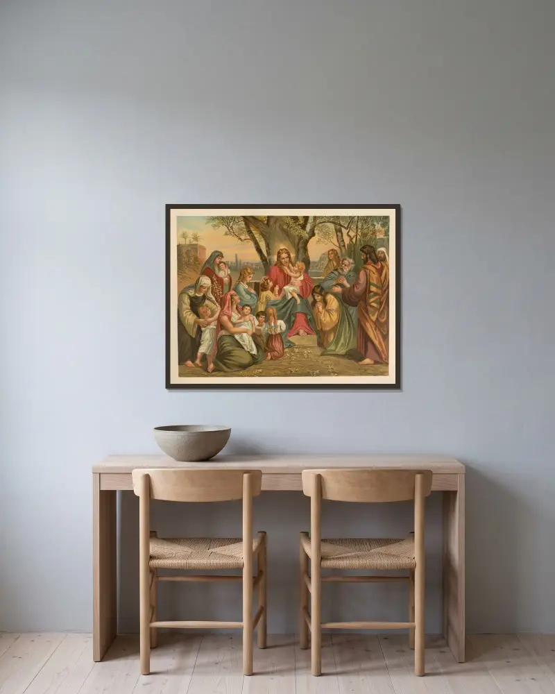 Jesus välsignar barnen av Jan Ladislaw Sýkora inramad på en vägg