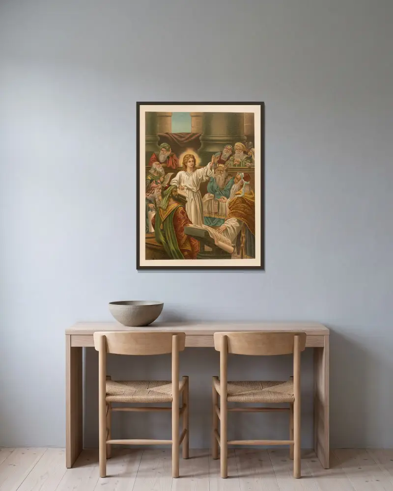 Jesus lehrt im Tempel von Jan Ladislaw Sýkora gerahmt an einer Wand
