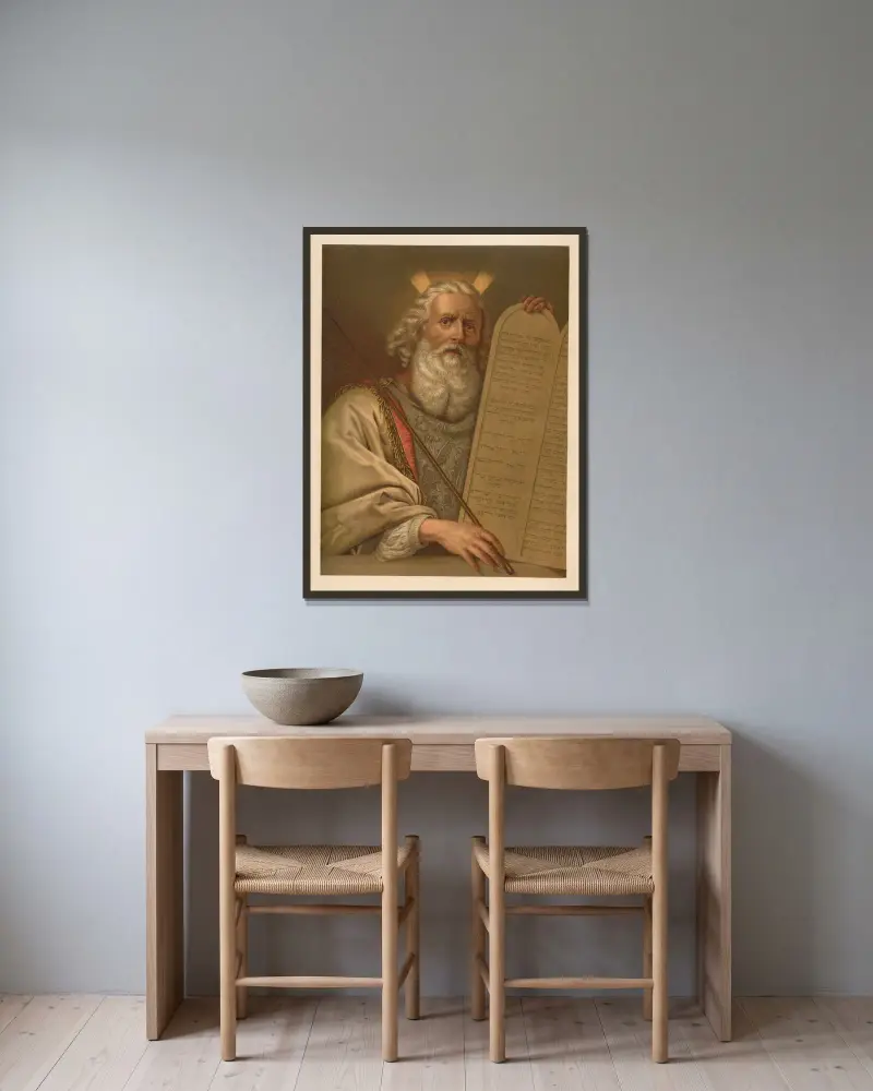 Mose med stentavlorna av Jan Ladislaw Sýkora inramad på en vägg