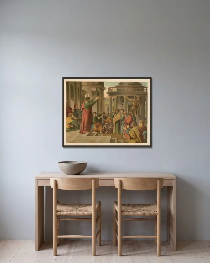 Paulus predikan i Aten av Jan Ladislaw Sýkora inramad på en vägg