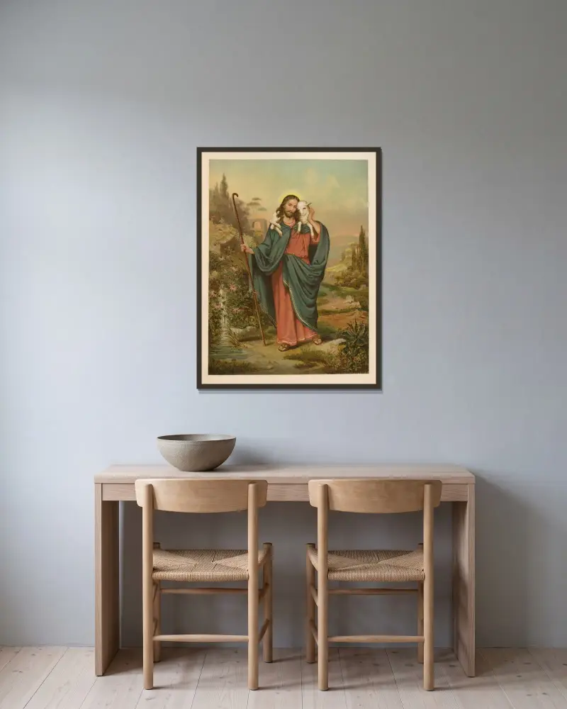 Den gode herden av Jan Ladislaw Sýkora inramad på en vägg