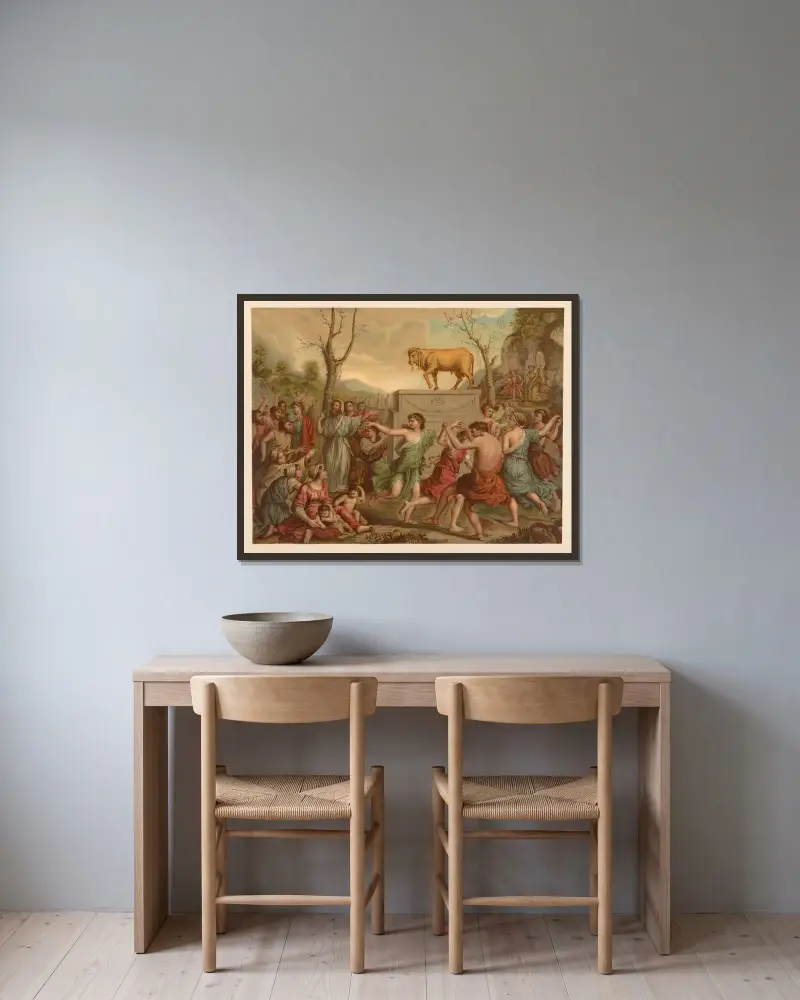 Tillbedjan av guldkalven av Jan Ladislaw Sýkora inramad på en vägg