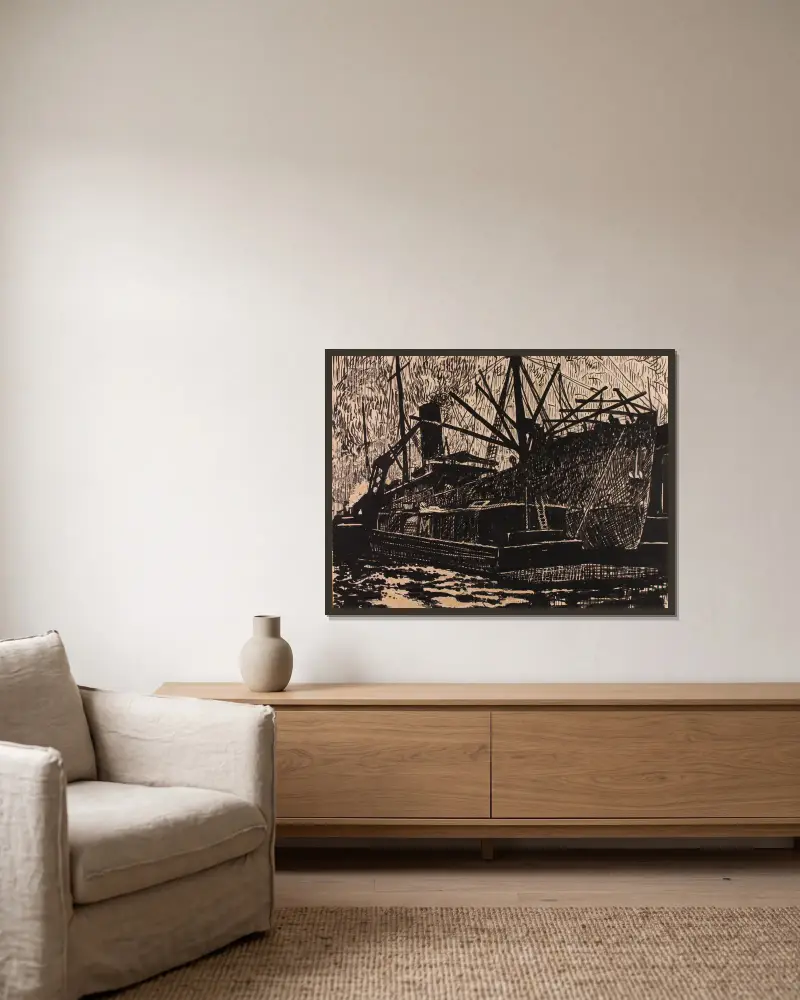 Liner and Tug von Henry Lyman Saÿen gerahmt an einer Wand