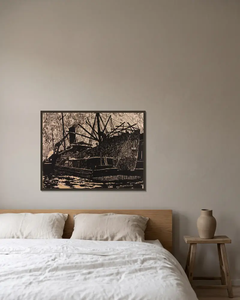Liner and Tug von Henry Lyman Saÿen gerahmt an einer Wand