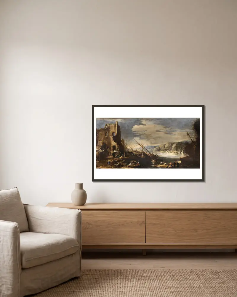 A coastal landscape with shipwrecks and ruins av Salvator Rosa inramad på en vägg