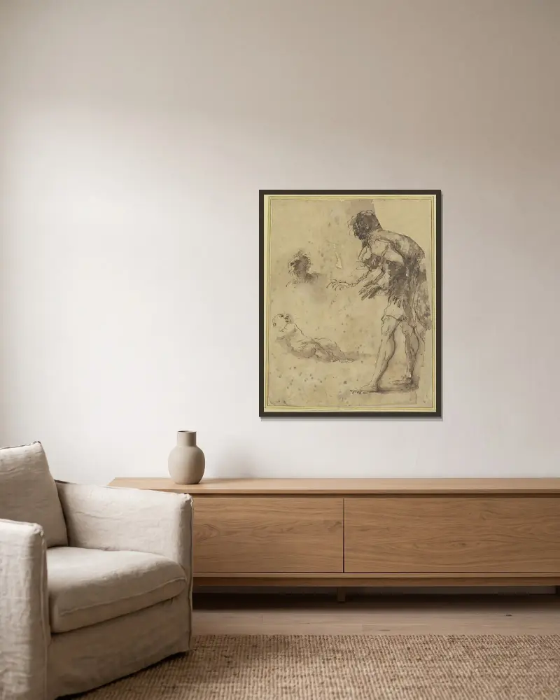 Ein Mann blickt auf ein am Boden liegendes Kleinkind; darüber ein Kopfstudium von Salvator Rosa gerahmt an einer Wand