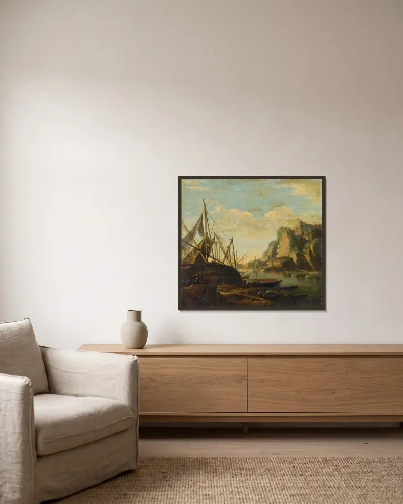 Mediterrant kustlandskap med skepp av Salvator Rosa inramad på en vägg