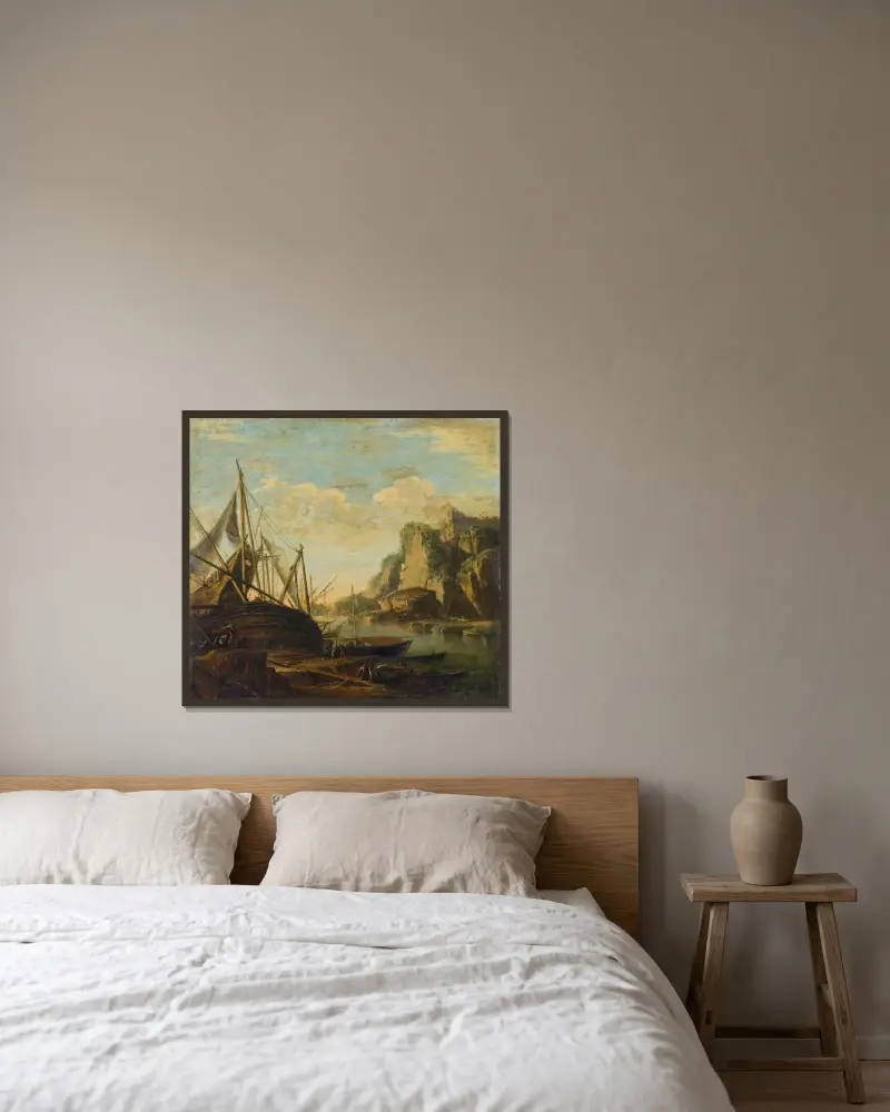Mediterrant kustlandskap med skepp av Salvator Rosa inramad på en vägg