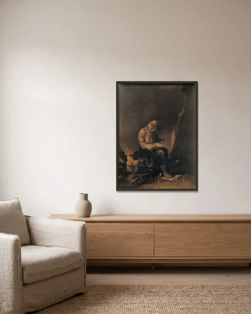 En häxa av Salvator Rosa inramad på en vägg