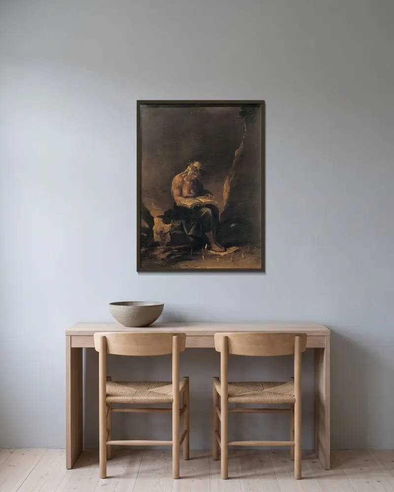 En häxa av Salvator Rosa inramad på en vägg
