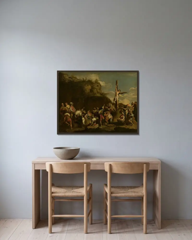 Crucifixion of Polyclitus av Salvator Rosa inramad på en vägg