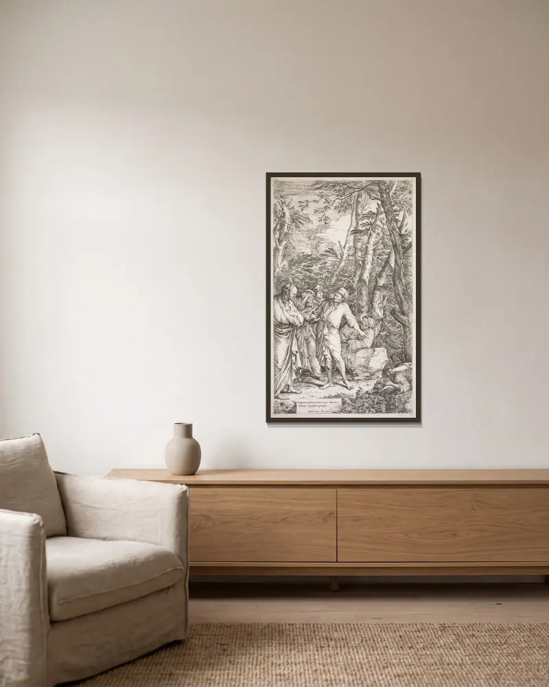 Diogenes och hans skål av Salvator Rosa inramad på en vägg