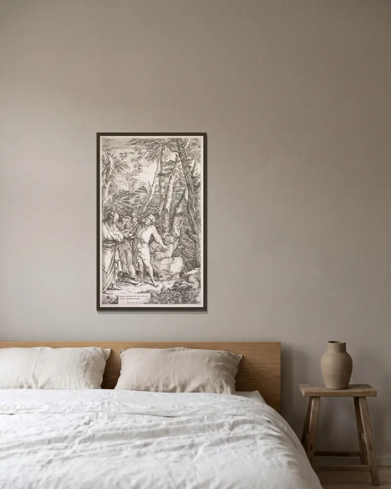Diogenes och hans skål av Salvator Rosa inramad på en vägg