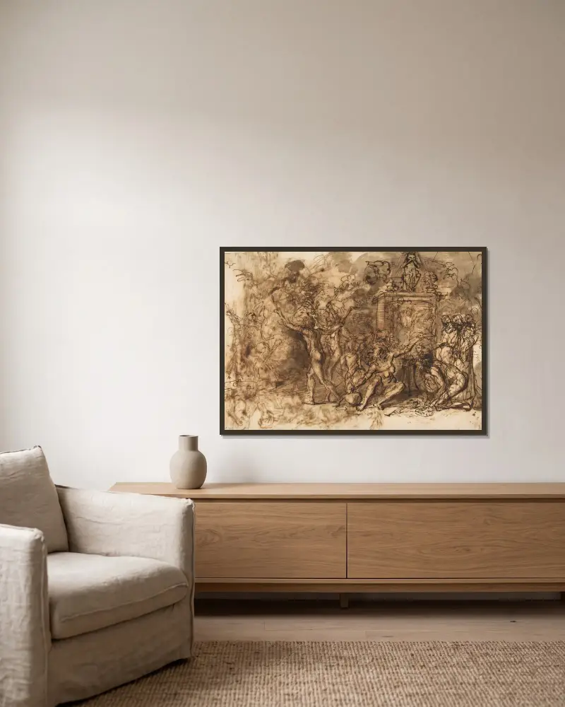 Postavy shromážděné kolem stromu, Salvator Rosa v rámu na stěně