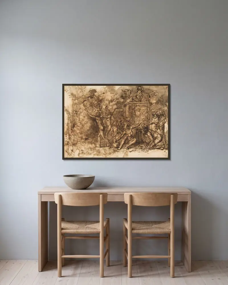 Postavy shromážděné kolem stromu, Salvator Rosa v rámu na stěně