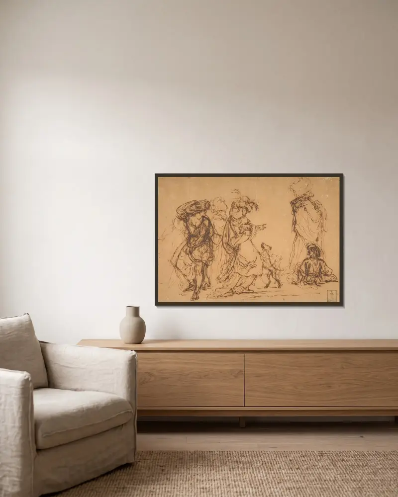 Pět postav ve fantastických kostýmech se dvěma psy, Salvator Rosa v rámu na stěně