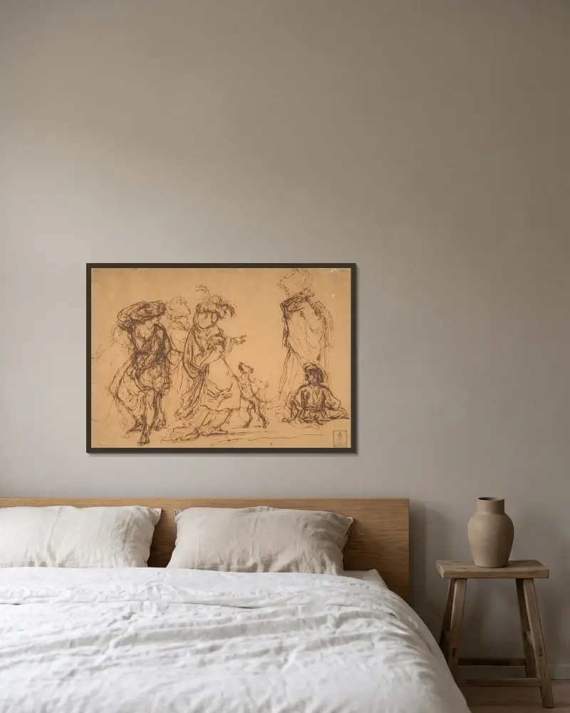 Pět postav ve fantastických kostýmech se dvěma psy, Salvator Rosa v rámu na stěně