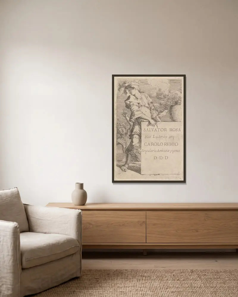 Titelblatt zur ‚Figurine Series‘ von Salvator Rosa gerahmt an einer Wand