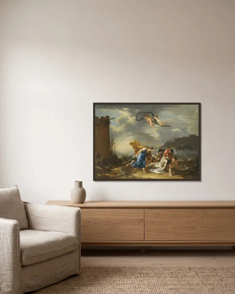 Hero und Leander von Salvator Rosa gerahmt an einer Wand
