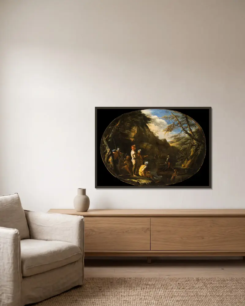 Krajina s ozbrojenými muži, 1640 – Nr. 1, Salvator Rosa v rámu na stěně
