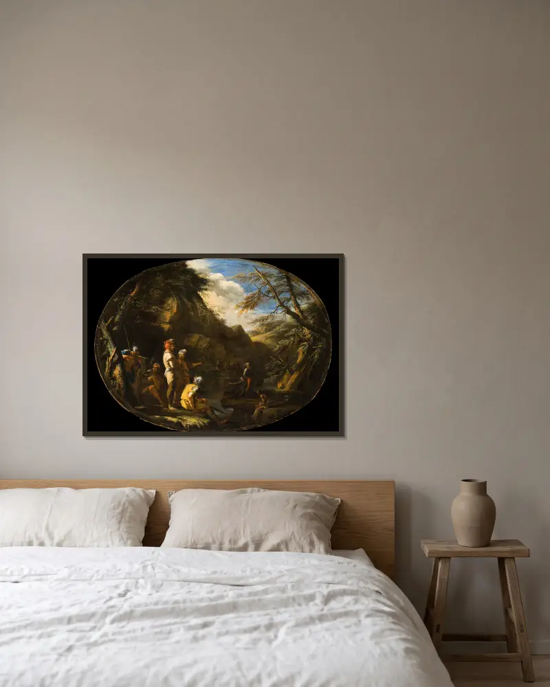 Krajina s ozbrojenými muži, 1640 – Nr. 1, Salvator Rosa v rámu na stěně