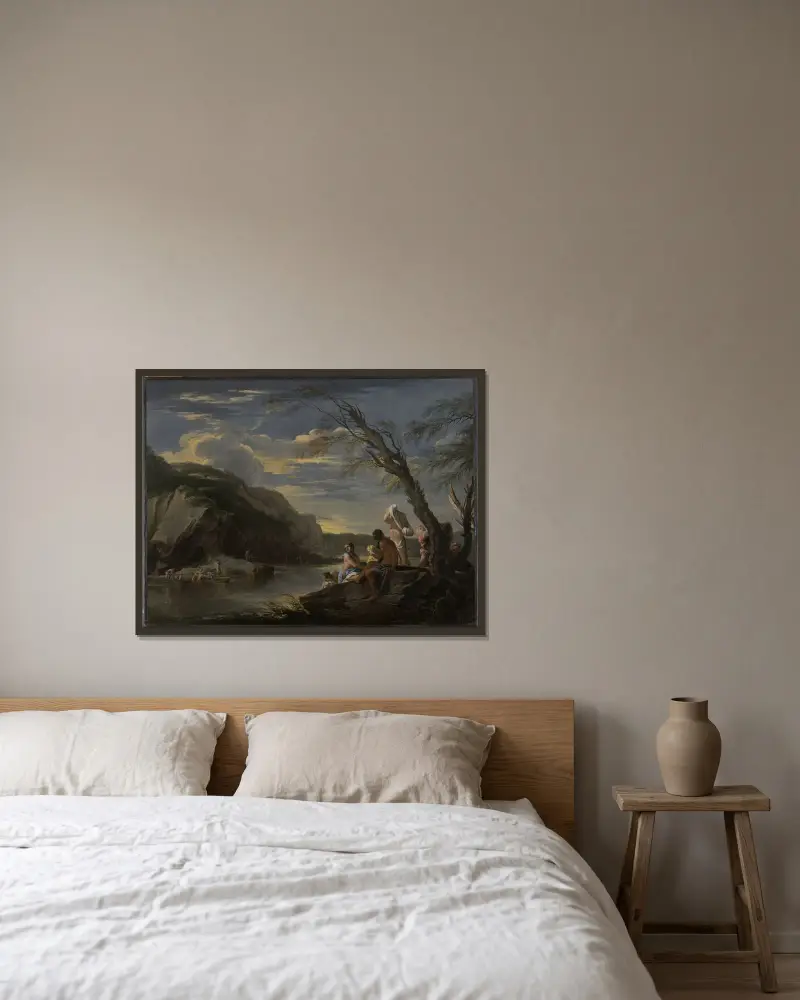 Landschaft mit Badenden von Salvator Rosa gerahmt an einer Wand