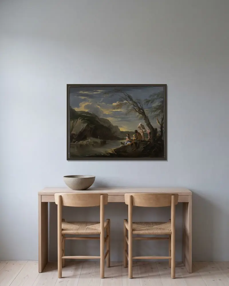 Landschaft mit Badenden von Salvator Rosa gerahmt an einer Wand