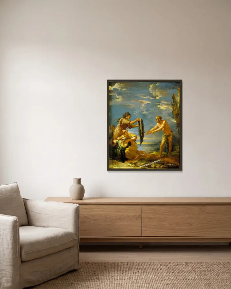 Odysseus und Nausikaa von Salvator Rosa gerahmt an einer Wand