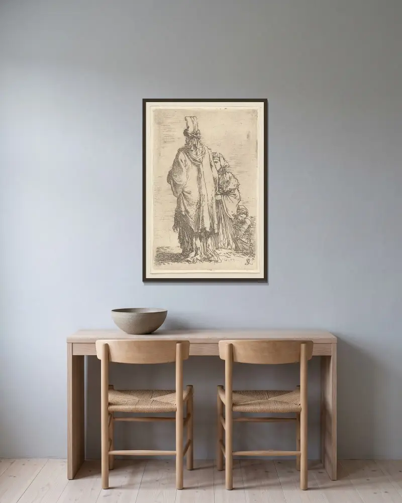 Oriental i turban, sedd bakifrån, med två kvinnor av Salvator Rosa inramad på en vägg