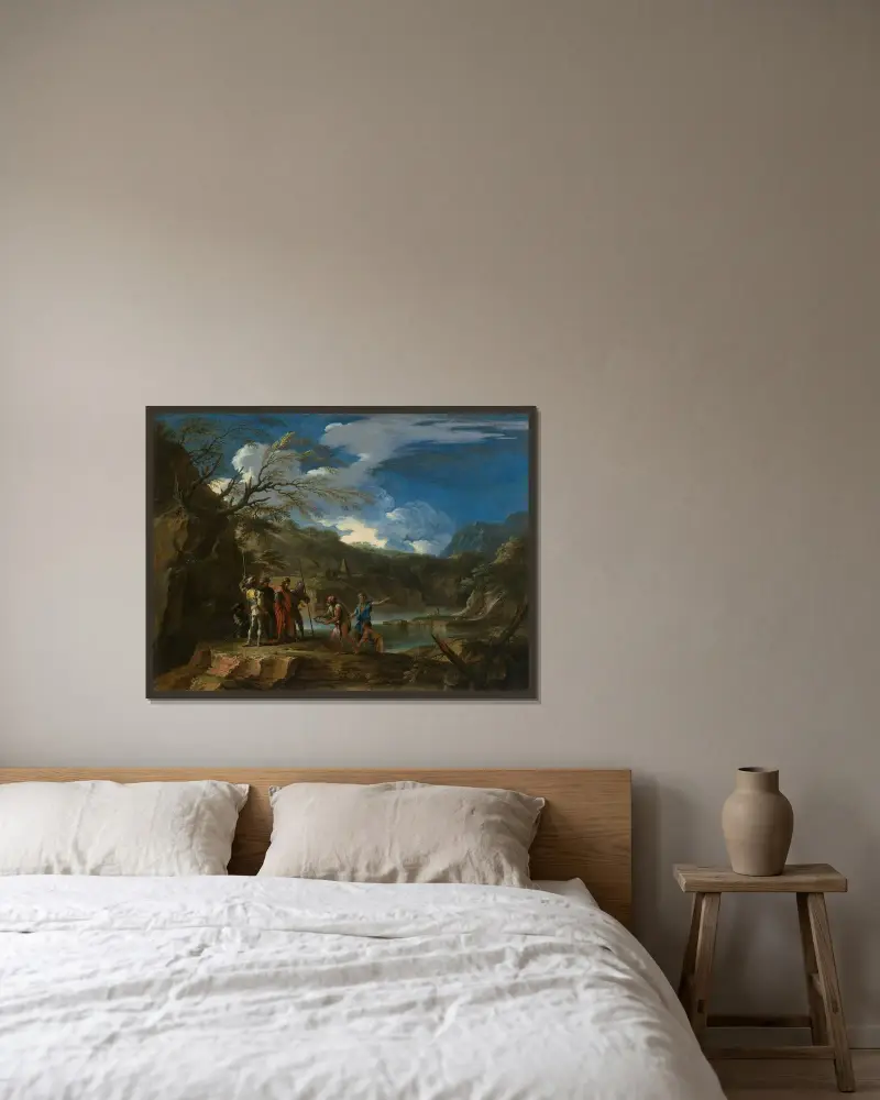 Polykrates und der Fischer von Salvator Rosa gerahmt an einer Wand