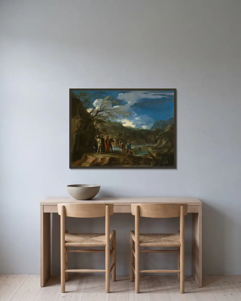 Polykrates und der Fischer von Salvator Rosa gerahmt an einer Wand