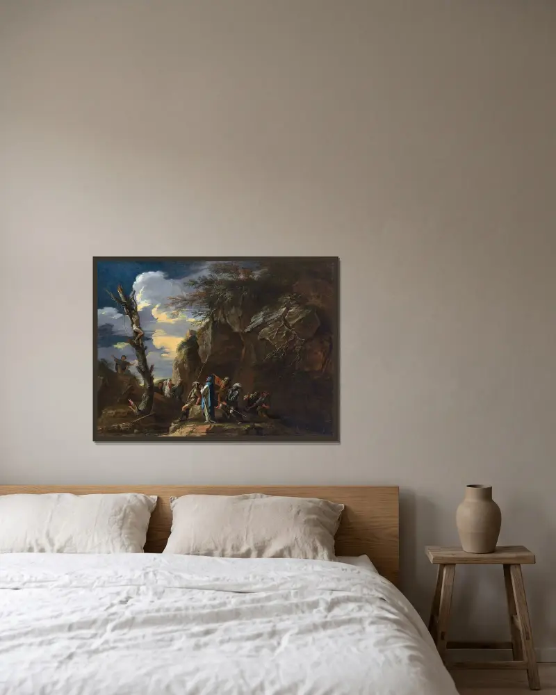Die Kreuzigung des Polykrates von Salvator Rosa gerahmt an einer Wand