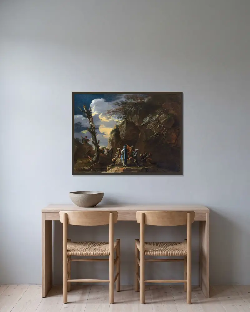 Die Kreuzigung des Polykrates von Salvator Rosa gerahmt an einer Wand