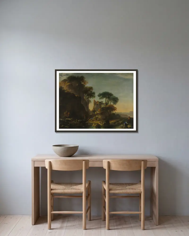 Ruiner i ett klipplandskap av Salvator Rosa inramad på en vägg