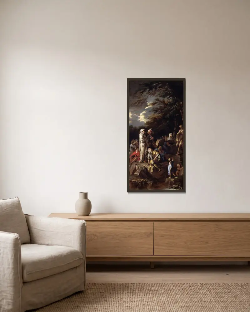 Johannes der Täufer predigt in der Wüste von Salvator Rosa gerahmt an einer Wand